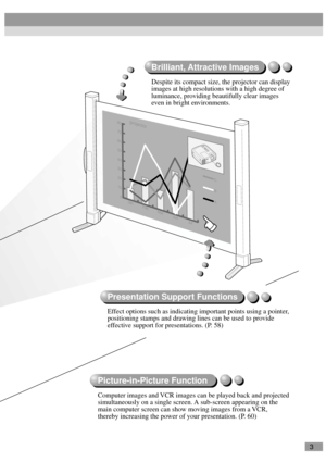 Page 53
0 10 20 30 40 50 60 70 80
F
D
C
B
A
Jul
Jun Mar Feb Jan
projector
Brilliant, Attractive Images
Despite its compact size, the projector can display
images at high resolutions with a high degree of 
luminance, providing beautifully clear images 
even in bright environments.
Presentation Support Functions
Effect options such as indicating important points using a pointer, 
positioning stamps and drawing lines can be used to provide 
effective support for presentations. (P. 58)
Picture-in-Picture Function...