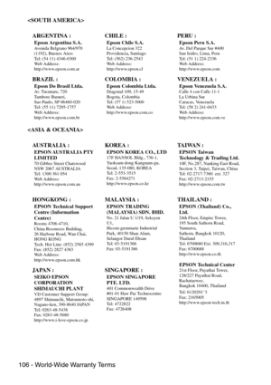 Page 108106 - World-Wide Warranty Terms

ARGENTINA :
Epson Argentina S.A.Avenida Belgrano 964/970 
(1192), Buenos Aires
Tel: (54 11) 4346-0300
Web Address:
http://www.epson.com.ar 
CHILE :
Epson Chile S.A.La Concepcion 322
Providencia, Santiago
Tel: (562) 236-2543
We b  A d d r e s s :
http://www.epson.cl 
PERU :
Epson Peru S.A.Av. Del Parque Sur #400
San Isidro, Lima, Peru
Tel: (51 1) 224-2336
Web Address:
http://www.epson.com 
BRAZIL :
Epson Do Brasil Ltda.Av.  Tu c u n a r e ,  7 2 0
Ta m b o r e  B a r u e r...