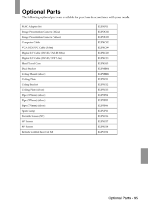 Page 97 Optional Parts - 95
Optional Parts
The following optional parts are available for purchase in accordance with your needs.
MAC Adapter Set ELPAP01
Image Presentation Camera (XGA) ELPDC02
Image Presentation Camera (Video) ELPDC03
Computer Cable ELPKC02
VGA-HD15 PC Cable (3.0m) ELPKC09
Digital I/F Cable (DVI-D/DVI-D 3.0m) ELPKC20
Digital I/F Cable (DVI-D/DFP 3.0m) ELPKC21
Hard Travel Case ELPKS15
Dual Stacker ELPMB04
Celing Mount (silver) ELPMB06
Ceiling Plate ELPFC01
Celing Bracket ELPFC02
Ceiling Plate...