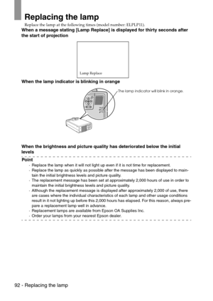 Page 9492 - Replacing the lamp
Replacing the lamp
Replace the lamp at the following times (model number: ELPLP11).
When a message stating [Lamp Replace] is displayed for thirty seconds after 
the start of projection
When the lamp indicator is blinking in orange
When the brightness and picture quality has deteriorated below the initial 
levels
Point
·Replace the lamp when it will not light up even if it is not time for replacement.
·Replace the lamp as quickly as possible after the message has been displayed to...