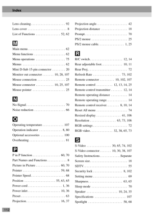 Page 114112Lens cleaning . . . . . . . . . . . . . . . . . . . . .  92
Lens cover  . . . . . . . . . . . . . . . . . . . . . . . .  8
List of Functions  . . . . . . . . . . . . . . .  52, 62
Main menu . . . . . . . . . . . . . . . . . . . . . . .  62
Menu functions  . . . . . . . . . . . . . . . . . . .  62
Menu operations  . . . . . . . . . . . . . . . . . .  75
Menus  . . . . . . . . . . . . . . . . . . . . . . . . . .  62
Mini D-Sub 15-pin connector  . . . . . . . .  20
Monitor out connector . . . . . . ....