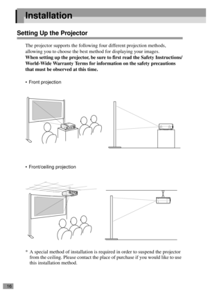 Page 1816
Installation
Setting Up the Projector
The projector supports the following four different projection methods, 
allowing you to choose the best method for displaying your images.
When setting up the projector, be sure to first read the Safety Instructions/
World-Wide Warranty Terms for information on the safety precautions 
that must be observed at this time.
Front projection
Front/ceiling projection
* A special method of installation is required in order to suspend the projector 
from the ceiling....