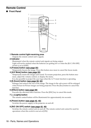 Page 2018 - Parts, Names and Operations
Remote Control
 Front Panel
 1 Remote control light-receiving area
Outputs the remote control unit’s signals.
 2 Indicator
Illuminated when the remote control unit signals are being output.
Light will not be emitted when the batteries are getting low or when the [R/C ON OFF] 
switch is set at [OFF].
 3 [Freeze] button (see page 55)
Temporarily freezes the image. Press this button once more to cancel the freeze mode.
 4 [A/V Mute] button (see page 55)
Temporarily mutes...