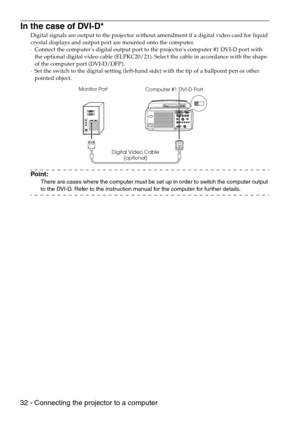 Page 3432 - Connecting the projector to a computer
In the case of DVI-D*
Digital signals are output to the projector without amendment if a digital video card for liquid 
crystal displays and output port are mounted onto the computer.
·Connect the computers digital output port to the projectors computer #1 DVI-D port with 
the optional digital video cable (ELPKC20/21). Select the cable in accordance with the shape 
of the computer port (DVI-D/DFP).
·Set the switch to the digital setting (left-hand side) with...