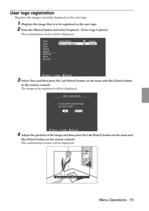 Page 77 Menu Operations - 75
User logo registration
Registers the images currently displayed as the user logo.
1Displays the image that is to be registered as the user logo.
2Press the [Menu] button and select [Capture] - [User Logo Capture].
The confirmation screen will be displayed.
3Select [Yes] and then press the [  (Enter)] button on the main unit (the [Enter] button 
on the remote control).
The image to be registered will be displayed.
4Adjust the position of the image and then press the [  (Enter)]...