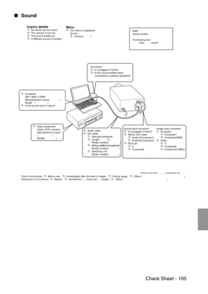 Page 107 Check Sheet - 105
 Sound
Inquiry details❒   No sound can be heard
❒   The volume is too low
❒   The sound breaks up
❒   A different sound is emittedMenu❒   The menu is displayed
      Sound
      ❒   Volume(          )EMP
Serial number
Purchasing time
         Year,         month
Connector
❒   Is it plugged in firmly?
❒   Is the sound emitted when 
      connected to external speakers?
❒   Computer 
      Win  MAC  EWS
      Manufacturers name(              )
      Model    (                 )...