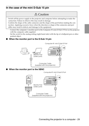 Page 31 Connecting the projector to a computer - 29
In the case of the mini D-Sub 15 pin
·Connect the computer’s monitor port to the Computer #1 mini D-Sub 15 Port on the projector 
with the computer cable supplied.
·Set the switch to the analog setting (right-hand side) with the tip of a ballpoint pen or other 
pointed object.
 When the monitor port is the D-Sub 15 pin
 When the monitor port is the 5BNC
Caution
·Switch off the power supply to the projector and computer before attempting to make the...