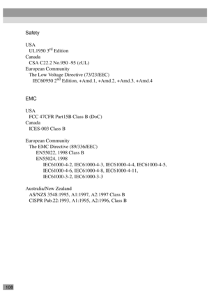 Page 110108
Safety
USA
UL1950 3
rd Edition
Canada
CSA C22.2 No.950 -95 (cUL)
European Community
The Low Voltage Directive (73/23/EEC)
IEC60950 2
nd Edition, +Amd.1, +Amd.2, +Amd.3, +Amd.4
EMC
USA
FCC 47CFR Part15B Class B (DoC)
Canada
ICES-003 Class B
European Community
The EMC Directive (89/336/EEC)
EN55022, 1998 Class B
EN55024, 1998
IEC61000-4-2, IEC61000-4-3, IEC61000-4-4, IEC61000-4-5,
IEC61000-4-6, IEC61000-4-8, IEC61000-4-11,
IEC61000-3-2, IEC61000-3-3
Australia/New Zealand
AS/NZS 3548:1995, A1:1997,...
