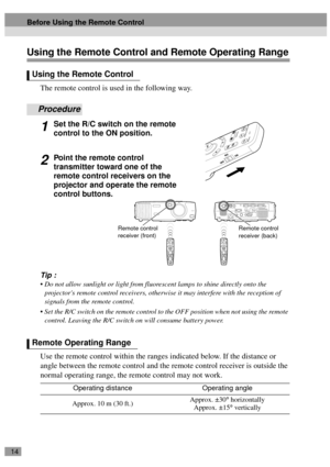 Page 1614
Using the Remote Control and Remote Operating Range
The remote control is used in the following way.
Procedure
1Set the R/C switch on the remote 
control to the ON position.
2Point the remote control 
transmitter toward one of the 
remote control receivers on the 
projector and operate the remote 
control buttons.
Tip :
• Do not allow sunlight or light from fluorescent lamps to shine directly onto the 
projectors remote control receivers, otherwise it may interfere with the reception of 
signals from...