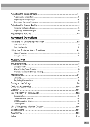 Page 75
Before Using the Projector
Basic Operations
AppendicesAdvanced Operations
Adjusting the Screen Image .................................................................. 41
Adjusting the Image Size ........................................................................................... 41
Adjusting the Image Angle ........................................................................................ 42
Correcting Keystone Distortion...