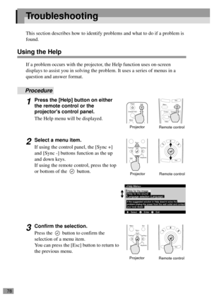 Page 8078
Troubleshooting
This section describes how to identify problems and what to do if a problem is 
found.
Using the Help
If a problem occurs with the projector, the Help function uses on-screen 
displays to assist you in solving the problem. It uses a series of menus in a 
question and answer format.
Procedure
1Press the [Help] button on either 
the remote control or the 
projectors control panel. 
The Help menu will be displayed.
2Select a menu item.
If using the control panel, the [Sync +] 
and [Sync...