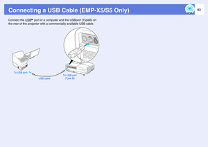 Page 6363
Connecting a USB Cable (EMP-X5/S5 Only)Connect the USB
g port of a computer and the USBport (TypeB) on 
the rear of the projector with a commercially available USB cable.
USB cableTo USB port 
(Type B) To USB port 