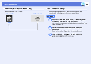 Page 68ESC/VP21 Commands
68
Connecting a USB (EMP-X5/S5 Only)
Connector shape: USB (Type B)
USB Connection Setup
To control the projector using ESC/VP21 commands via a USB 
connection, the following preparations must be carried out.A
Download the USB driver (USB-COM Driver) from 
the Epson Web site to your computer.Go to http://www.epson.com and select the support section of your 
local Epson Web site.
B
Install the downloaded USB driver onto your 
computer.Read the instructions displayed on the download...