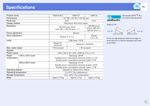 Page 7171
SpecificationsProduct name
EMP-83/822
EMP-X5
EMP-S5 Pixelworks DNX
TM
 ICs 
are used in this projector. 
Angle of tilt
If you use the projector tilted at an angle of 
more than 30 it could be damaged and cause 
an accident. 
Dimensions
327 (W) ^ 92 (H) ^ 245 (D) mm
Panel size
0.63
0.55
Display method
Polysilicon TFT active matrix
Resolution
786,432 pixels XGA 
(1024 (W) ^ 768 (H) dots)  ^ 3
480,000 pixels 
SVGA (800 (W) ^ 
600 (H) dots) ^ 3
Focus adjustment
Manual
Zoom adjustment
Manual (1 to 1.2)...