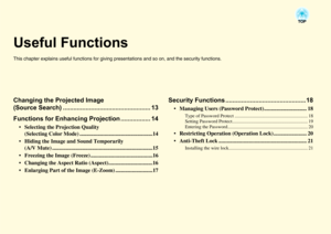 Page 12Useful FunctionsThis chapter explains useful functions for giving presentations and so on, and the security functions. Changing the Projected Image 
(Source Search) .................................................. 13
Functions for Enhancing Projection ................. 14
• Selecting the Projection Quality 
(Selecting Color Mode) .....................................................14
 Hiding the Image and Sound Temporarily 
(A/V Mute)...