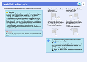 Page 4949
Installation MethodsThe projector supports the following four different projection methods.     
 Wa r ning
 A special method of installation is required when suspending the 
projector from a ceiling (ceiling mount). If it is not installed 
correctly, it could fall causing an accident and injury.
 If you use adhesives on the ceiling mount to prevent the screws 
from loosening, or if you use things such as lubricants or oils on 
the projector, the projector case may crack causing it to fall from 
its...