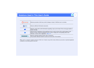 Page 21
Notations Used in This User’s Guide
When unit or projector appears in the text of this User’s Guide, it may refer to items which are accessories or optional equipment 
in addition to the main projector unit itself.Indicates procedures which may result in damage or injury if sufficient care is not taken.
Indicates additional information and points.
Indicates a page where useful information regarding a topic can be found. Click on the page number to 
display that page.
Indicates that an explanation of...
