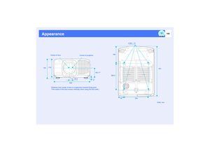 Page 144143
Appearance
Units: mm 4-M5 × 10
Centre of lens
92±11* 179Centre of projector
491
24.5
*Distance from center of lens to suspension bracket fixing point
 (The centre of the lens moves vertically when using the lens shift.)352 194
12169
260.5
244 52 