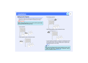 Page 1615
InstallationSetting Up the Projector
The projector supports the following four different projection methods, 
allowing you to choose the best method for displaying your images.
* A special method of installation is required for suspending the projector 
from the ceiling. Please contact your supplier if you would like to use 
this installation method. The optional ceiling mount is required when 
installing the projector on the ceiling. 
  p.133
CAUTION
Before setting up the projector, be sure to first...