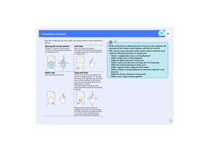 Page 2524
Connecting to a Computer
Once the connection has been made, the mouse pointer can be operated as 
follows.
Moving the mouse pointer
Tilt the [ ] button on the remote 
control to move the mouse pointer in 
the direction of tilt. 
Left clickPress the [Enter ( )] button.
If you press the [Enter ( )] button twice 
in rapid succession, it has the effect of 
a double-click.
Right clickPress the [ESC ( )] button.
Drag and dropWhen you hold down the [Enter ( )] 
button for approximately 1.5 seconds, 
the...