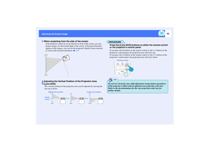 Page 4645
Adjusting the Screen Image
If the projector cannot be set up directly in front of the screen, you can 
project images at a horizontal angle to the screen. If keystone distortion 
appears in the images, you can use the projectors Quick Corner function 
to correct this keystone distortion.   p.47
The vertical position of the projection area can be adjusted by moving the 
lens up or down.
PROCEDUREPress the [Lens Shift] buttons on either the remote control 
or the projectors control panel.If you press...