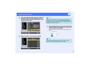 Page 6665
Functions for Enhancing Projection Functions for Enhancing Projection
Once the settings have been made, select Preset in 
the sub-menu and then press the [Enter] button on 
the remote control or the [Auto/Enter] button on the 
projectors control panel.Select a number (1–10) for saving the settings.
Press the [Enter] button on the remote control or the 
[Auto/Enter] button on the projectors control panel to 
save the Video menu settings.
When the settings have been saved, the input resolution will...
