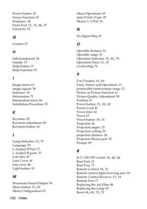 Page 104102 - Index
Freeze button 18
Freeze Function
 55
frequency
 26
Front Foot
 13, 15, 46, 47
Functions
 52
G
Gamma 67
H
half-transparent 24
Handle
 13
Help button
 15
Help Function
 53
I
Image menu 63
image signals
 38
Indicator
 18
Information
 71
Information menu
 64
Installation Procedure
 23
K
Keystone 69
Keystone adjustment
 49
Keystone button
 16
L
Lamp Indicator 13, 75
Language
 70
L-Audio2-R Port
 17
L-Audio2-R ports
 37
Left click
 36
Lens Cover
 41
lens cover
 46
Light button
 18
M
Maximum Sound...