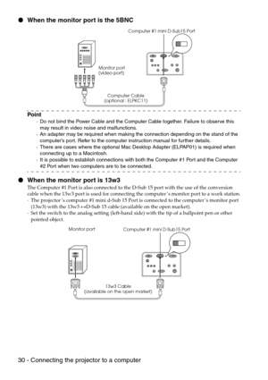 Page 3230 - Connecting the projector to a computer When the monitor port is the 5BNC
Point
·Do not bind the Power Cable and the Computer Cable together. Failure to observe this 
may result in video noise and malfunctions.
·An adapter may be required when making the connection depending on the stand of the 
computer’s port. Refer to the computer instruction manual for further details.
·There are cases where the optional Mac Desktop Adapter (ELPAP01) is required when 
connecting up to a Macintosh.
·It is...