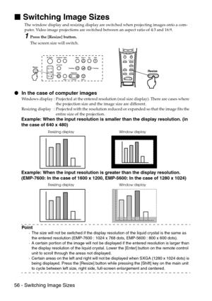 Page 5856 - Switching Image Sizes

 Switching Image Sizes
The window display and resizing display are switched when projecting images onto a com-
puter. Video image projections are switched between an aspect ratio of 4:3 and 16:9.
1Press the [Resize] button.
The screen size will switch.
 In the case of computer images
Windows display :  Projected at the entered resolution (real size display). There are cases where 
the projection size and the image size are different. 
Resizing display :  Projected with...