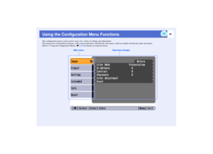 Page 5150
Using the Configuration Menu FunctionsThe configuration menus can be used to carry out a variety of settings and adjustments.
The menus have a hierarchical structure, with a main menu that is divided into sub-menus, which are further divided into other sub-menus.
Refer to Using the Configuration Menus sp.66 for details on using the menus.
Main menu Sub-menu (Image) 