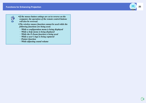 Page 3025
Functions for Enhancing Projection
 If the mouse button settings are set to reverse on the 
computer, the operation of the remote control buttons 
will also be reversed.
 The wireless mouse function cannot be used while the 
following functions are being used.
· While a configuration menu is being displayed 
· While a help menu is being displayed
· While the E-Zoom function is being used
· While a users logo is being captured
· Pointer function
· While adjusting sound volume 