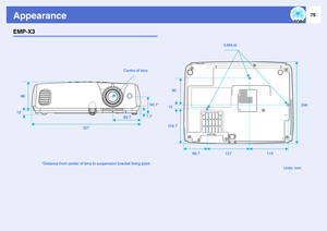 Page 8176
AppearanceEMP-X3
Units: mm 3-M4×9
115 127 80
12
104.7
32783.750.1*
7.7 86Centre of lens
69.7 12
*Distance from center of lens to suspension bracket fixing point246 