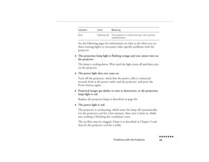 Page 104Problems with the Projector
n  n  n  n  n  n  n  n 89
See the following pages for information on what to do when you see these warning lights or encounter other specific problems with the projector.
w
The projection lamp light is flashing orange and you cannot turn on the projector.The lamp is cooling down. Wait until the light turns off and then turn on the projector.
w
The power light does not come on.Turn off the projector, check that the power cable is connected securely both at the power outlet and...