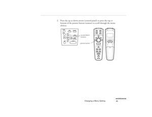 Page 61Changing a Menu Setting
n  n  n  n  n  n  n  n 45
2.
Press the up or down arrows (control panel) or press the top or bottom of the pointer button (remote) to scroll through the menu choices. 
pointer buttonup and down 
buttons
pro-ch3.fm  Page 45  Tuesday, May 13, 1997  2:21 PM 