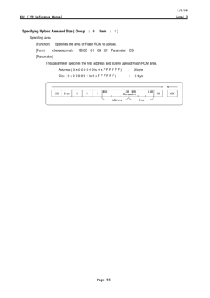 Page 861/5/99
ESC / VP Reference ManualLevel 3
Page 86
Specifying Upload Area and Size ( Group  :  9   Item  :  1 )
Specifing Area
    [Function]      Specifies the area of Flash ROM to upload.
  [Form]       1B 0C  01  09  01  Parameter  CS
  [Parameter]
This parameter specifies the first address and size to upload Flash ROM area.
Address ( 0 x 0 0 0 0 0 0 to 0 x F F F F F F )        :      3 byte
Size ( 0 x 0 0 0 0 0 1 to 0 x F F F F F F )                :      3 byte
(	
   !  !...