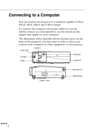 Page 22  n  n  n  n
6
Connecting to a Computer
You can connect the projector to a computer capable of VGA, 
SVGA, XGA, SXGA and UXGA output.
To connect the computer and mouse cables (to use the 
wireless remote as a mousepointer), see the section in this 
chapter that applies to your computer.
The illustration below identifies all the interface ports on the 
back of the projector; you may want to refer to this as you 
connect your computer or other equipment to the projector.
Computer AudioIn Out
Mouse/Com...