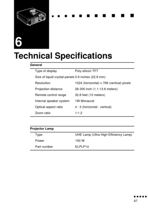 Page 83  n     n        n     n     n    n     n     n    n    n     n     n      n      n      n
n  n  n  n  n  n
67
6
Technical Speciﬁcations 
General
Type of display Poly-silicon TFT
Size of liquid crystal panels 0.9 inches (22.9 mm)
Resolution 1024 (horizontal) x 768 (vertical) pixels
Projection distance 26-300 inch (1.1-13.8 meters)
Remote control range 32.8 feet (10 meters)
Internal speaker system 1W Monaural
Optical aspect ratio 4 : 3 (horizontal : vertical)
Zoom ratio 1:1.2
Projector Lamp
Type UHE Lamp...