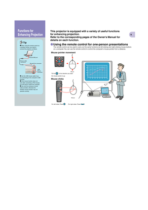 Page 104-F   C   4-F   M   4-F   Y   4-F   BK
6
Automatically adjusting computer images to the 
optimum settings
Other adjustments
Remote Control
Using the on-screen menus
Remote Control
Main menu Remote control
Select
Move 
down
ReturnMove 
right Move 
leftMove 
up
Adjustment / 
Turning Off the Projector
Press           on the remote control to automatically adjust the tracking and the display position and 
synchronization.
Press         on the remote control to display the setting menu on the projection...