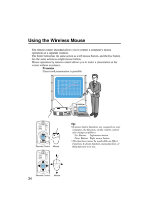 Page 3634
Using the Wireless Mouse
The remote control included allows you to control a computers mouse 
operations at a separate location.
The Enter button has the same action as a left mouse button, and the Esc button 
has the same action as a right mouse button.
Mouse operation by remote control allows you to make a presentation at the 
screen without assistance.
Presenter
Unassisted presentation is possible
Tip:
 If mouse button functions are swapped on your 
computer, the functions on the remote control...
