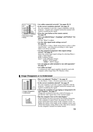 Page 6159
 Are cables connected correctly?  See pages 20, 21
 Is the correct resolution selected?  See page 19
Set your computer to provide a signal compatible with the 
projector.  Consult your computer instruction manual with 
regard to modifying the signal.
 Press the Auto button on the remote control.  
See page 30
 Have you adjusted Sync.
*, Tracking*, and Position?  See 
page 43
Use the Menu to adjust.
 Are the video signal mode settings correct?  
See page 44
Use the Menu > Video > Mode menu items...