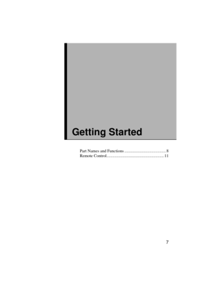 Page 97
Getting Started
Part Names and Functions ........................................ 8
Remote Control....................................................... 11 