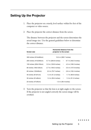 Page 235Setting Up the Projector
Setting Up the Projector
1. Place the projector on a stur dy, level surface within five feet of the
computer or video source.
2. Place the projector the correct distance from the screen.
The distance between the projector and the screen deter mines the
actual image size. Use the general guidelines below to determine
the correct distance.
Screen size
300 inches (610x460cm) 10.0 m (393.7 inches)
200 inches (410x300cm) 6.7 m (263.8 inches) ~ 8.7 m (342.5 inches)
100 inches...