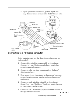 Page 279Connecting to a Computer
¥If your system uses a serial mouse, perfor m steps 6 and 7
using the serial mouse cable instead of the PS/2 mouse cable.
    
Computer In 1 Computer In 2
Monitor
Audio In 1 Audio In 2 Audio Out
S-Video
Video InAudio In
LR
Remote
1-Mouse/ Com-2
Connecting to a PC laptop computer
Before beginning, make sure that the projector and computer are
both turned of f.
1. Connect either end of the computer cable to the projectors
Computer In 1 port. The Computer In 2 por t is used when...