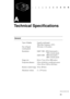 Page 10385
Technical Specifications
A
General
Type of display Liquid cr ystal panel
Thin Film Transistor (TFT)
Size of liquid 33.6 mm (1.32 inches)
crystal panels
Resolution EMP-7100 : 1024 (horizontal) x
768 (vertical) pixels
EMP-5100 : 800 (horizontal) x
600 (vertical) pixels
Image size 0.6 to 7.6 m (23 to 300 inches)
Projection distance 2.0 m (6.56 feet) on 60 inch screen
1.0 to 10 m (3.28 to 32.8 feet)
Remote control range 10 m (30 feet)
Maximum volume 2 + 2 W stereo 