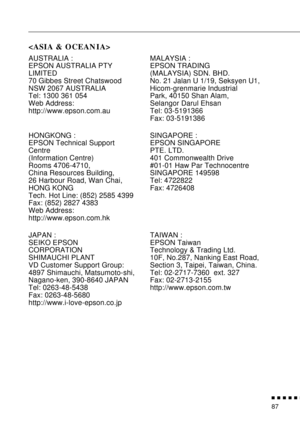 Page 103          
87

AUSTRALIA :
EPSON AUSTRALIA PTY
LIMITED
70 Gibbes Street Chatswood 
NSW 2067 AUSTRALIA
Tel: 1300 361 054
Web Address:
http://www.epson.com.auMALAYSIA :
EPSON TRADING
(MALAYSIA) SDN. BHD.
No. 21 Jalan U 1/19, Seksyen U1,
Hicom-grenmarie Industrial
Park, 40150 Shan Alam,
Selangor Darul Ehsan
Tel: 03-5191366
Fax: 03-5191386
HONGKONG :
EPSON Technical Support
Centre
(Information Centre)
Rooms 4706-4710,
China Resources Building,
26 Harbour Road, Wan Chai,
HONG KONG
Tech. Hot Line: (852)...