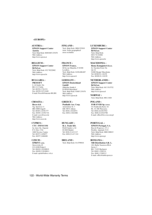 Page 124122 - World-Wide Warranty TermsEMP-715/505E  option.fm

AU S TR I A  :
EPSON Support Center 
Au s t r ia
Tech. Help Desk: 00491805 235470
Web Address: 
http://www.epson.at
FINLAND :Tech. Help Desk: 0800.523010
(note. Some geographical
areas excluded) LUXEMBURG :
EPSON Support Center 
BeNeLux
Tech. Help Desk: 
0032 70 222082
Web Address:
http://www.epson.be 
BELGIUM :
EPSON Support Center 
BeNeLux
Tech. Help Desk: 032 70222082
Web Address:
http://www.epson.be
FRANCE :
EPSON France,68 bis rue Marjolin,...