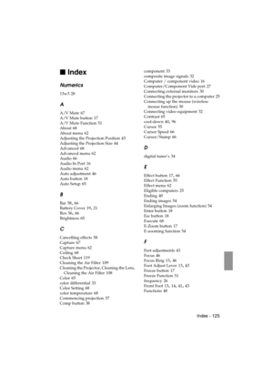 Page 127 Index - 125
EMP-715/505E  715E.IX

 Index
Numerics
13w3 28
A
A/V Mute 67
A/V Mute button
 17
A/V Mute Function
 51
About
 68
About menu
 62
Adjusting the Projection Position
 43
Adjusting the Projection Size
 44
Advanced
 68
Advanced menu
 62
Audio
 66
Audio In Port
 16
Audio menu
 62
Auto adjustment
 46
Auto button
 18
Auto Setup
 65
B
Bar 58, 66
Battery Cover
 19, 21
Box
 56, 66
Brightness
 65
C
Cancelling effects 58
Capture
 67
Capture menu
 62
Ceiling
 68
Check Sheet
 119
Cleaning the Air...