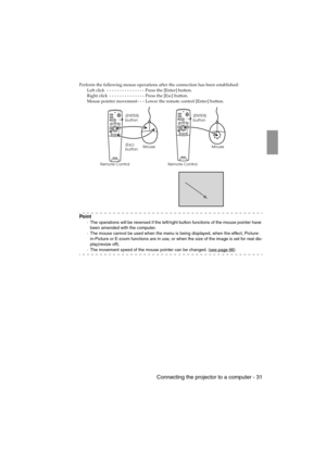 Page 33 Connecting the projector to a computer - 31EMP-715/505E  Connections.fm
Perform the following mouse operations after the connection has been established:
Left click  - - - - - - - - - - - - - - - Press the [Enter] button.
Right click  - - - - - - - - - - - - - - Press the [Esc] button.
Mouse pointer movement - - - Lower the remote control [Enter] button.
Po i n t
·The operations will be reversed if the left/right button functions of the mouse pointer have 
been amended with the computer.
·The mouse...