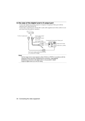 Page 3634 - Connecting the video equipmentEMP-715/505E  Connections.fm
In the case of the digital tuners D output port
·Connect the digital tuner to the projectors Computer/Component Video port with the 
optional D port cable (ELPKC22).
·Connect the L-Audio-R ports with the RCA audio cable supplied (red/white/yellow) to out-
put sound from the projectors speakers.
Po i n t
·Set the image menus input signals to either [YCbCr] or [YPbPr] in accordance with the 
equipment being used when establishing the...