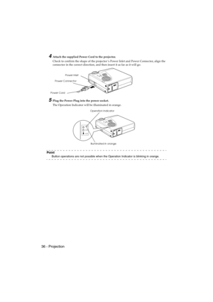 Page 3836 - ProjectionEMP-715/505E  projection.fm
4Attach the supplied Power Cord to the projector.
Check to confirm the shape of the projector’s Power Inlet and Power Connector, align the 
connector in the correct direction, and then insert it as far as it will go.
5Plug the Power Plug into the power socket.
The Operation Indicator will be illuminated in orange.
Po i n t
Button operations are not possible when the Operation Indicator is blinking in orange.
Power Inlet
Power Connector
Power Cord
Illuminated in...